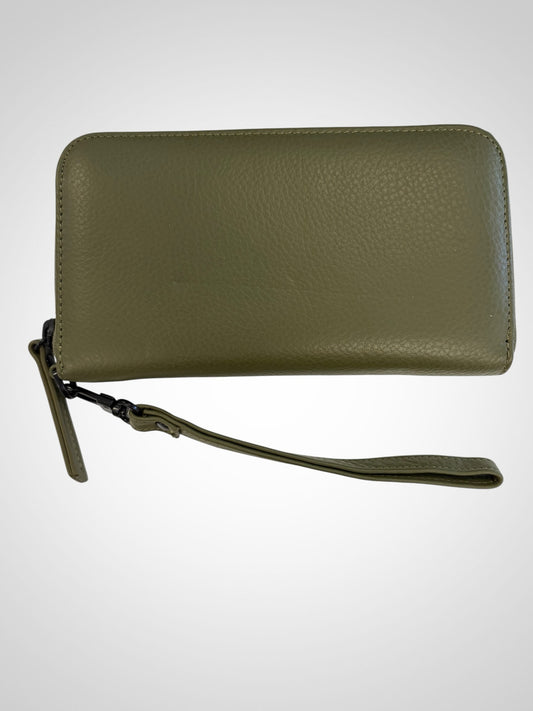 Etc. Store Status Anxiety olive green leather zip-around wristlet wallet with a detachable wrist strap.
